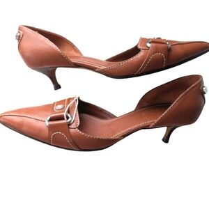 Celine Escupin Kitten Heels 38.5 Brown Leather Pointed Toe D'Orsay Authentic